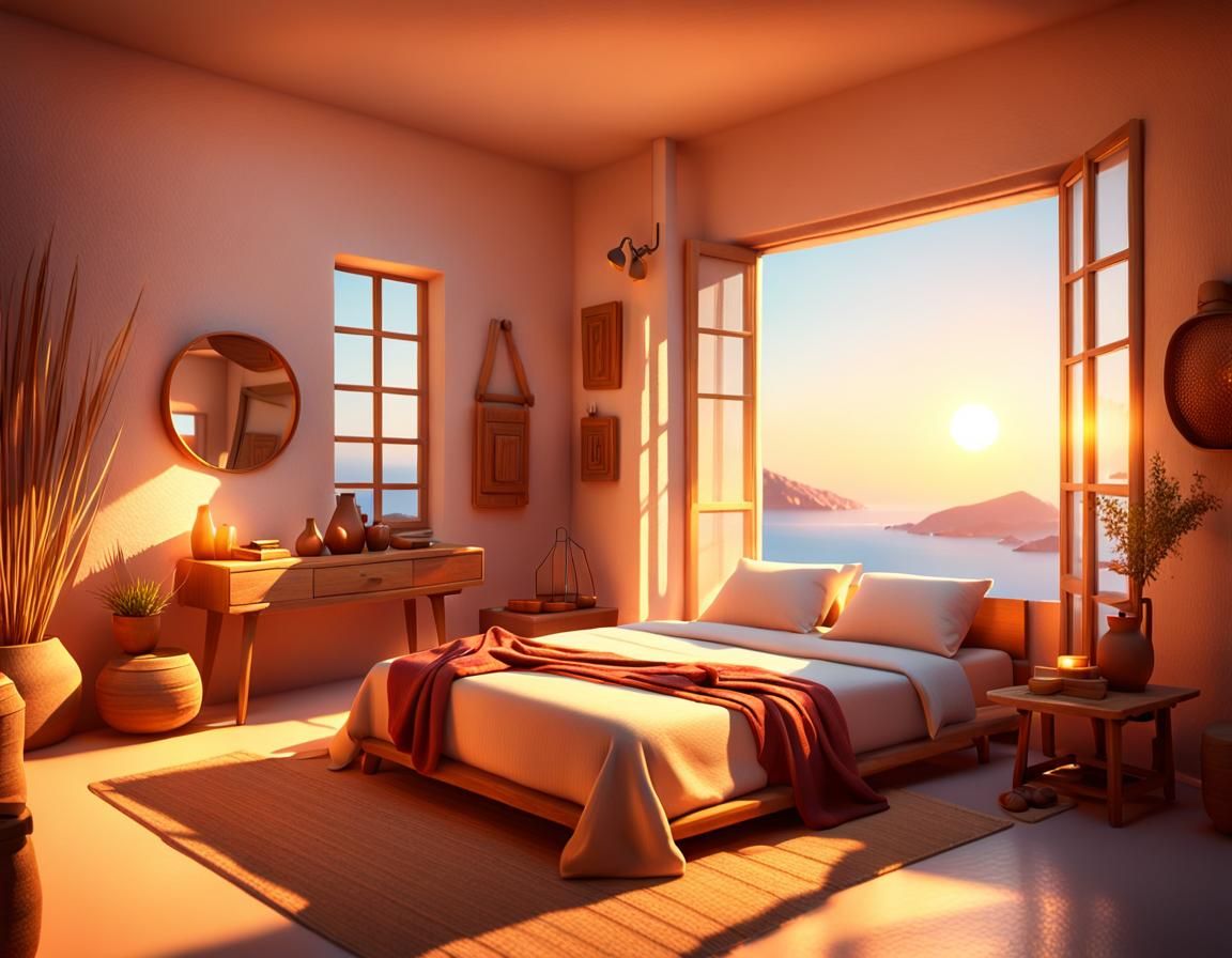 Cycladic Hermit Bedroom in Golden Hour: 3D Digital Art