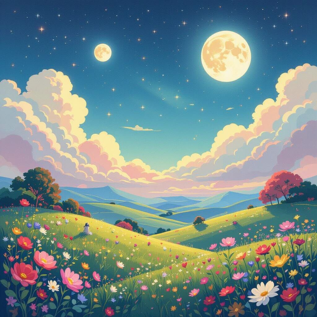 Dreamlike Ghibli Landscape with Twin Moons and Glowing Flora