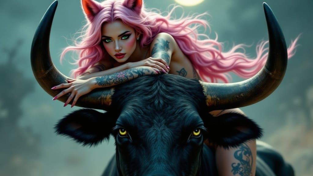 Surreal Goddess of Rebellion Rides Bull into Darkened Dusk