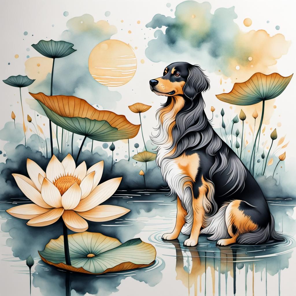 Dog and Duck in Modern Ink Fusion Style