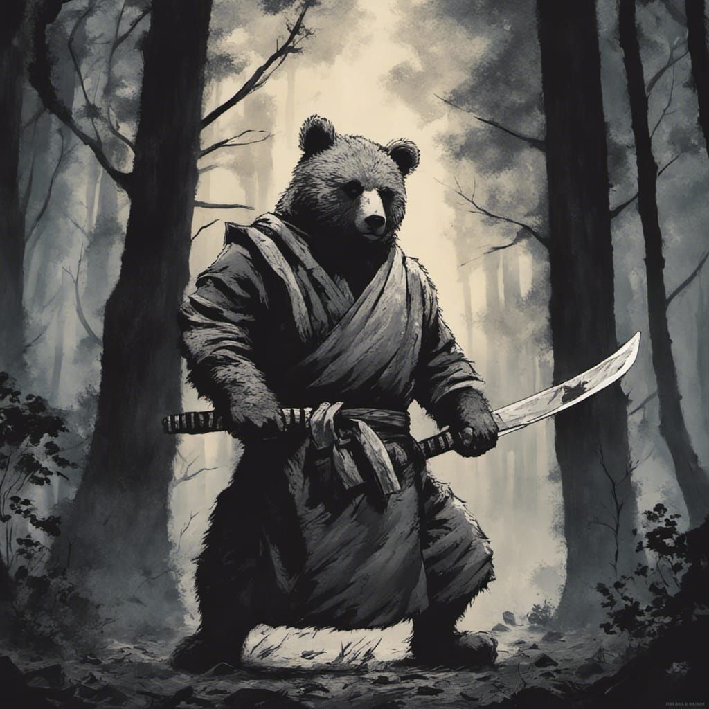 Teddy Bear Warrior in Dark Forest, Sinister Art