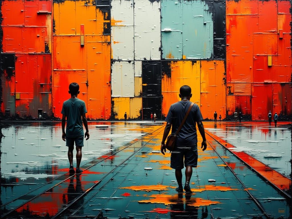 modern minimalist art :: a little poor boy covered in dirty rags dynamic in motion in...