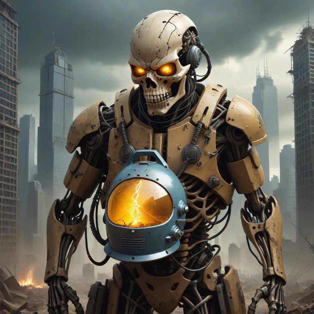 Lone Survivor in Post-Apocalyptic World Wearing Jug Helmet