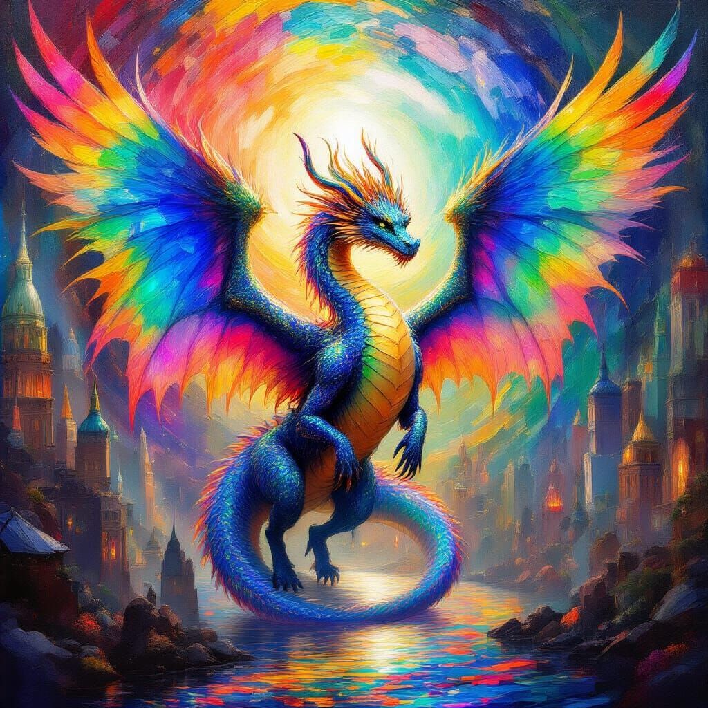 Majestic Dragon Emerges in Iridescent City: Impasto Painting