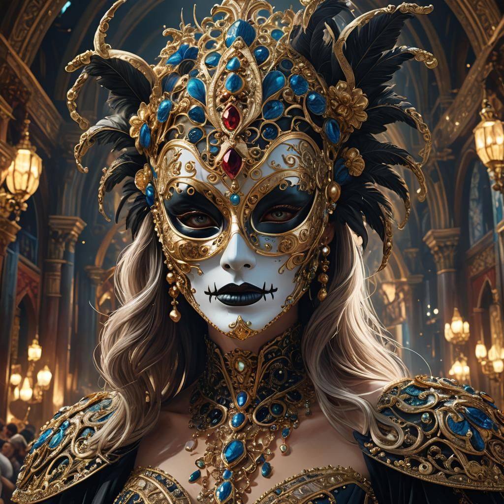 Lady Death Venetian Mask in Opulent Ballroom