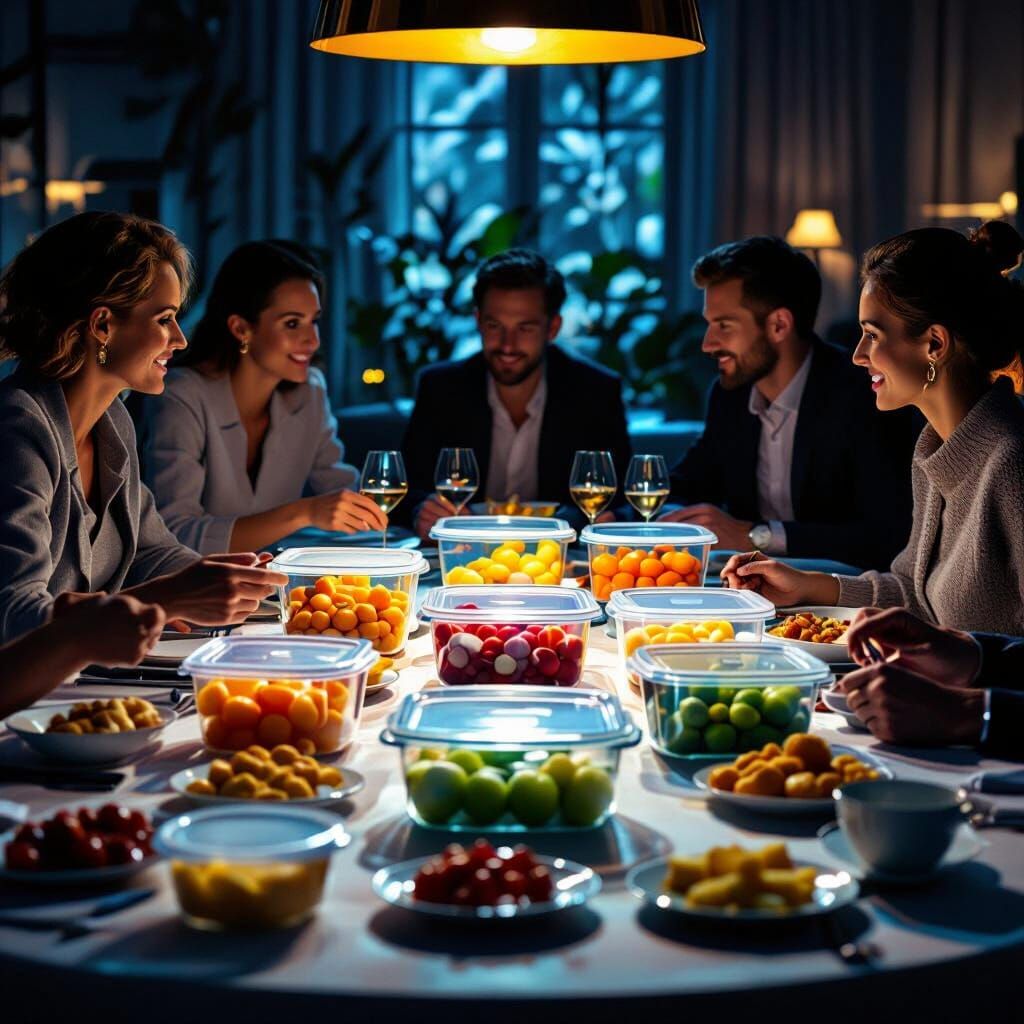 Elegant Gathering With Tupperware and Chiaroscuro Lighting