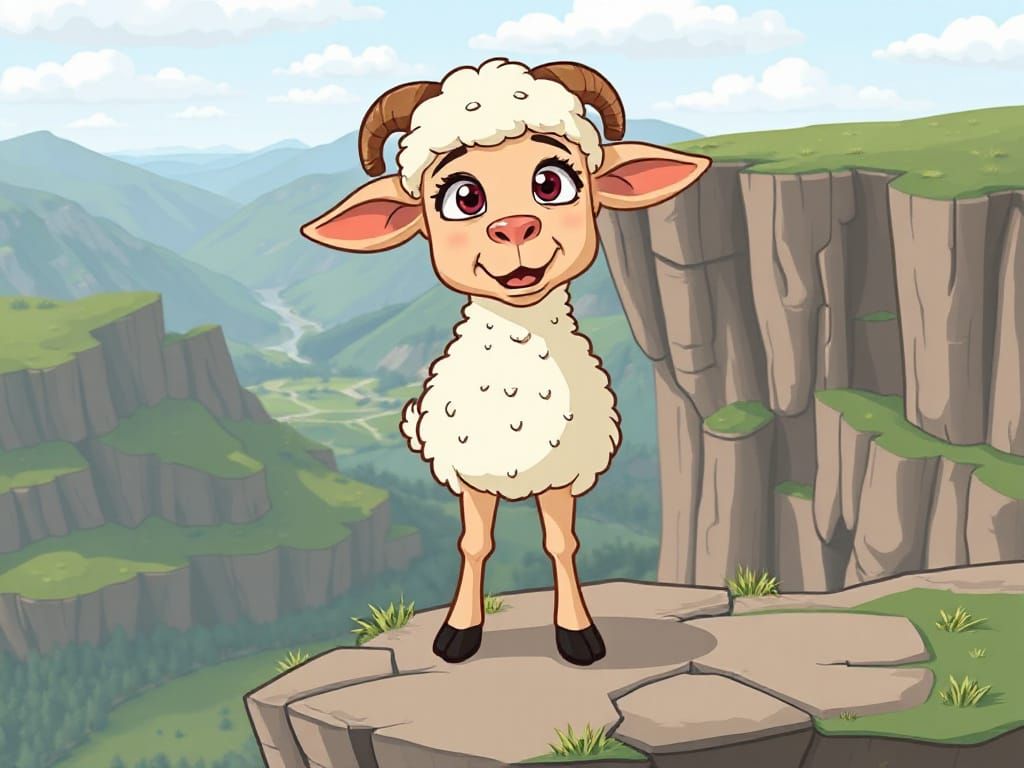 Terrified Lamb on a Cliffside, Cartoon Illustration