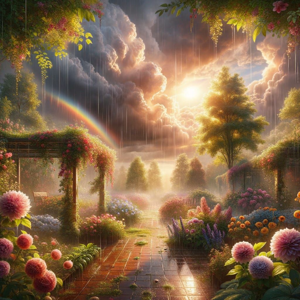 Rainy Flower Garden: A Matte Painting Scene