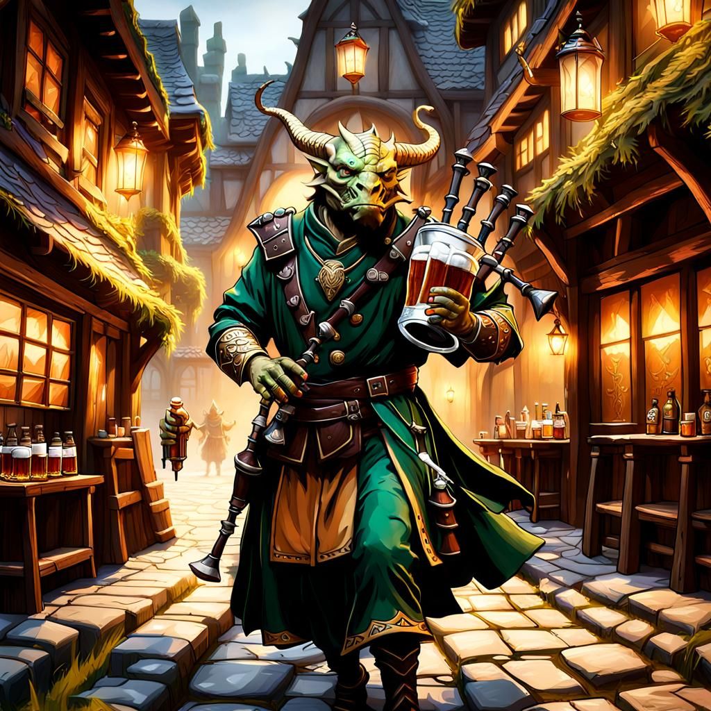 Brass Dragonborn Monk Plays Bagpipes in Tavern