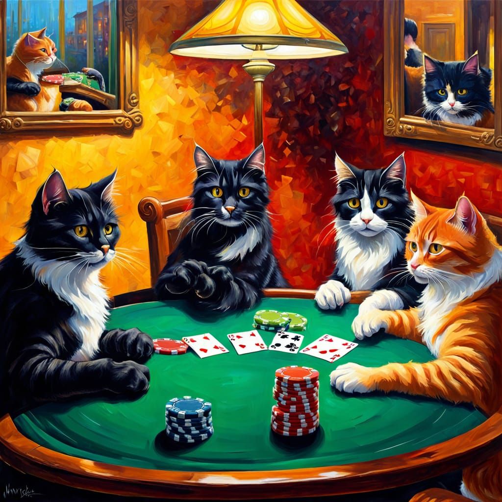 Vibrant Fauvist Cats Playing Poker