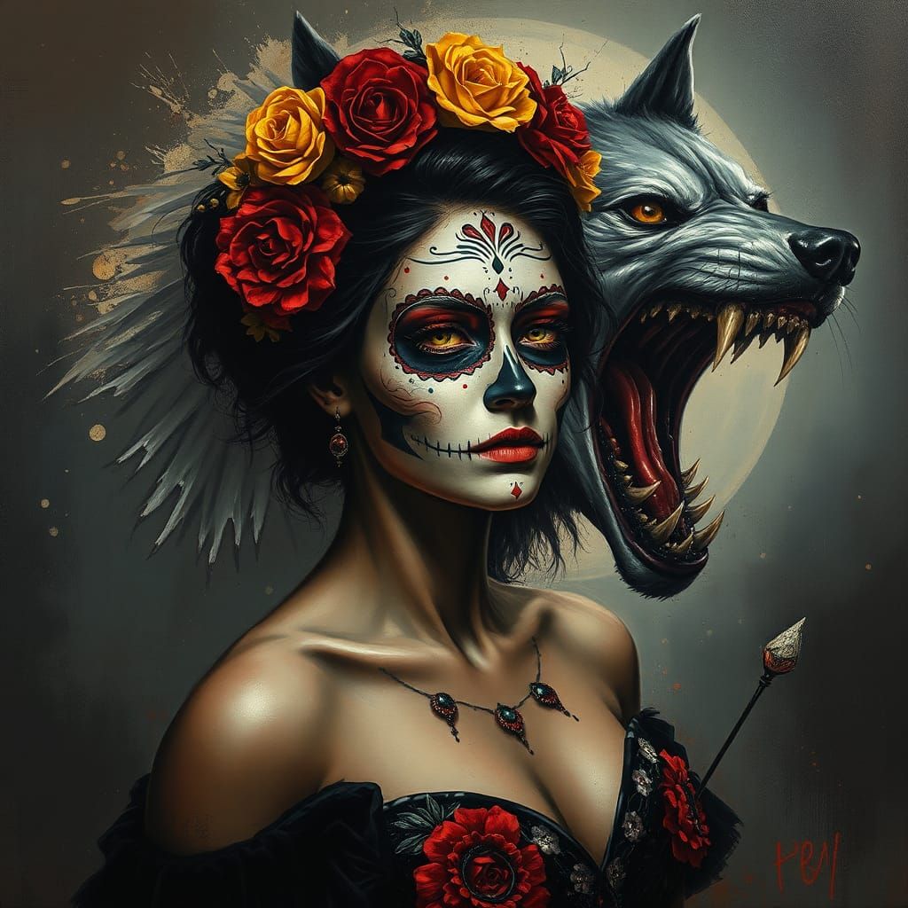 Catrina Woman with Wolf in Oil Splash Style