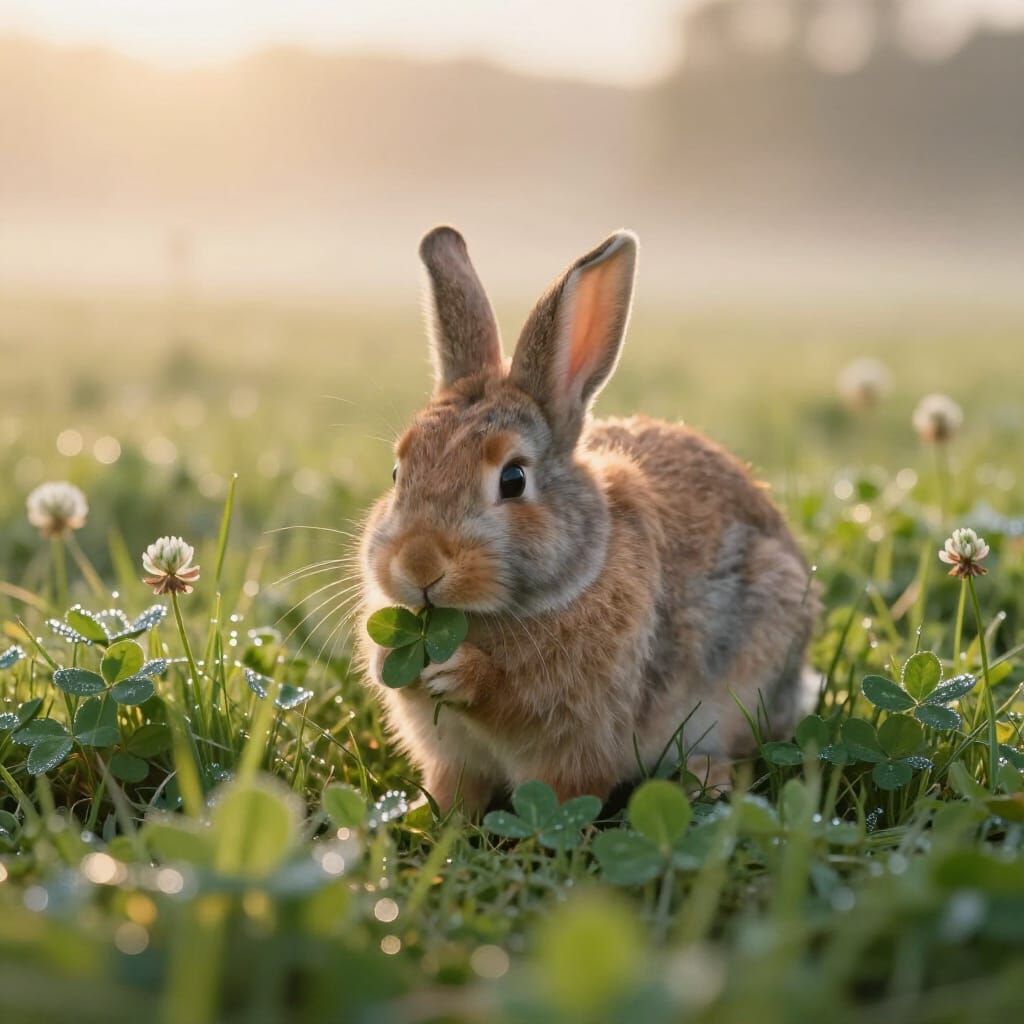 Fluffy Rabbit Nibbling Clover in Golden Hour Meadow