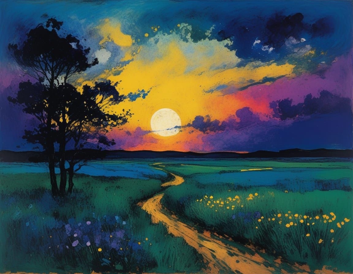 Expressive Night Landscape in Vibrant Violet and Blue Hues