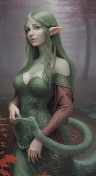 Celtic lamia in red maple forest with animal familiars