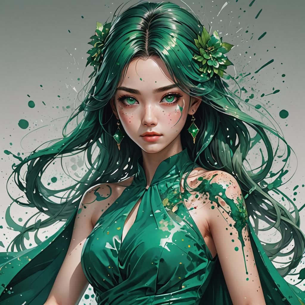 A stunning ful length portrait of woman in a modest flowing bright emerald dress, ink splatter, hyper detailed digital p...