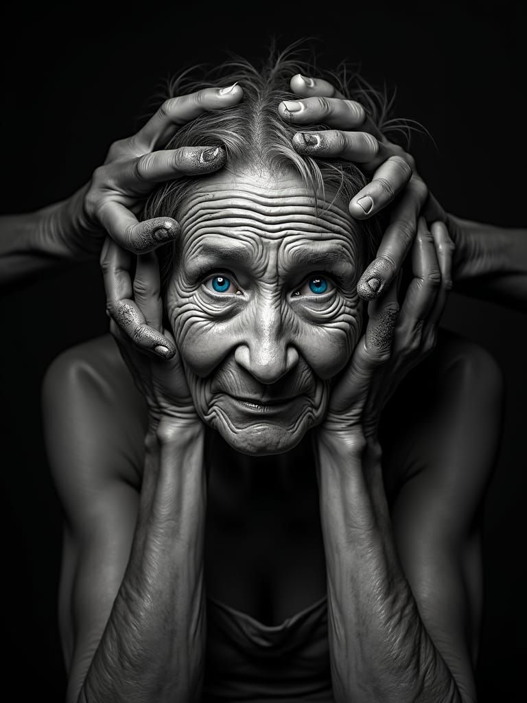 Monochrome Photo of Elderly Woman with Blue Eyes
