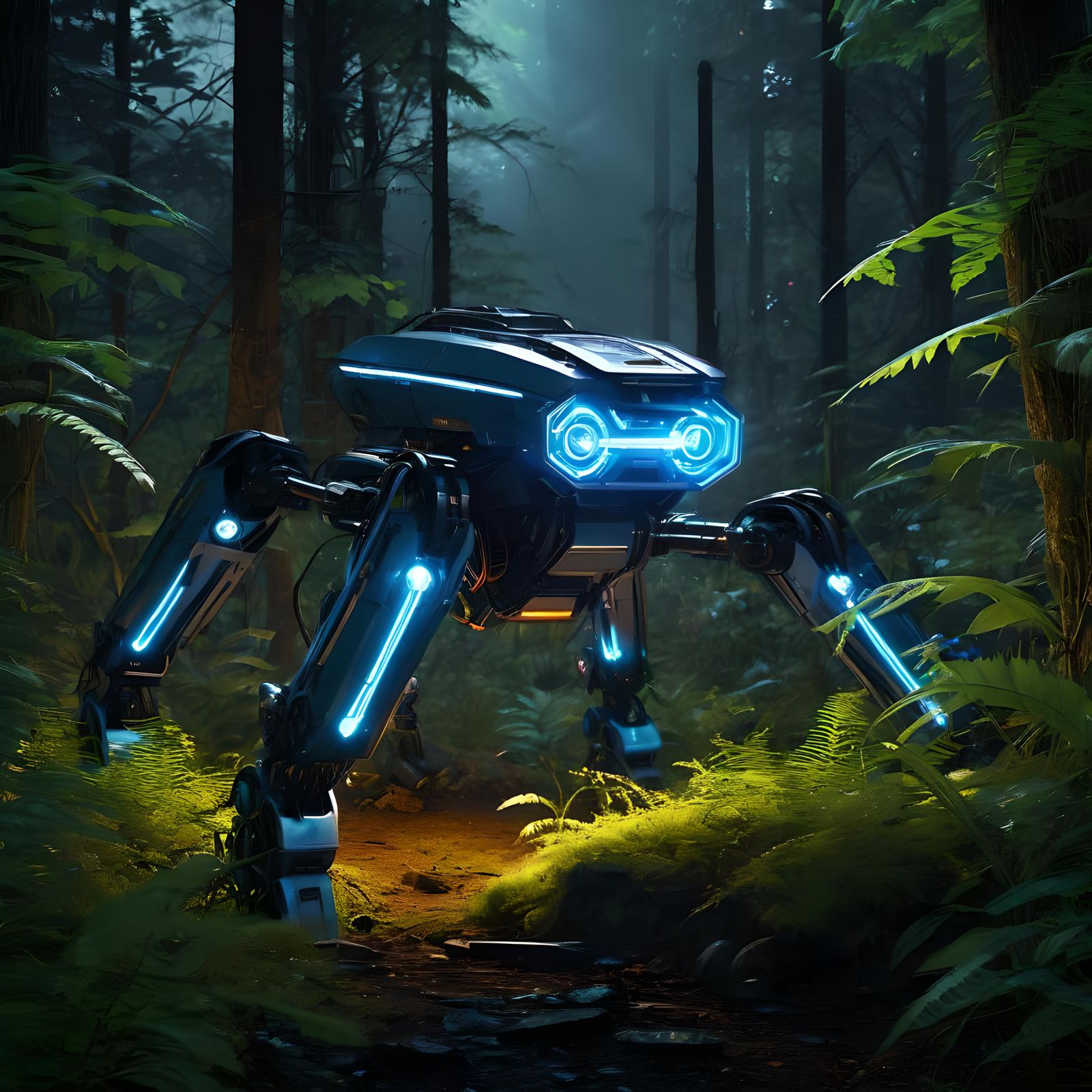 Quadruped Robot in Cyberpunk Wilderness