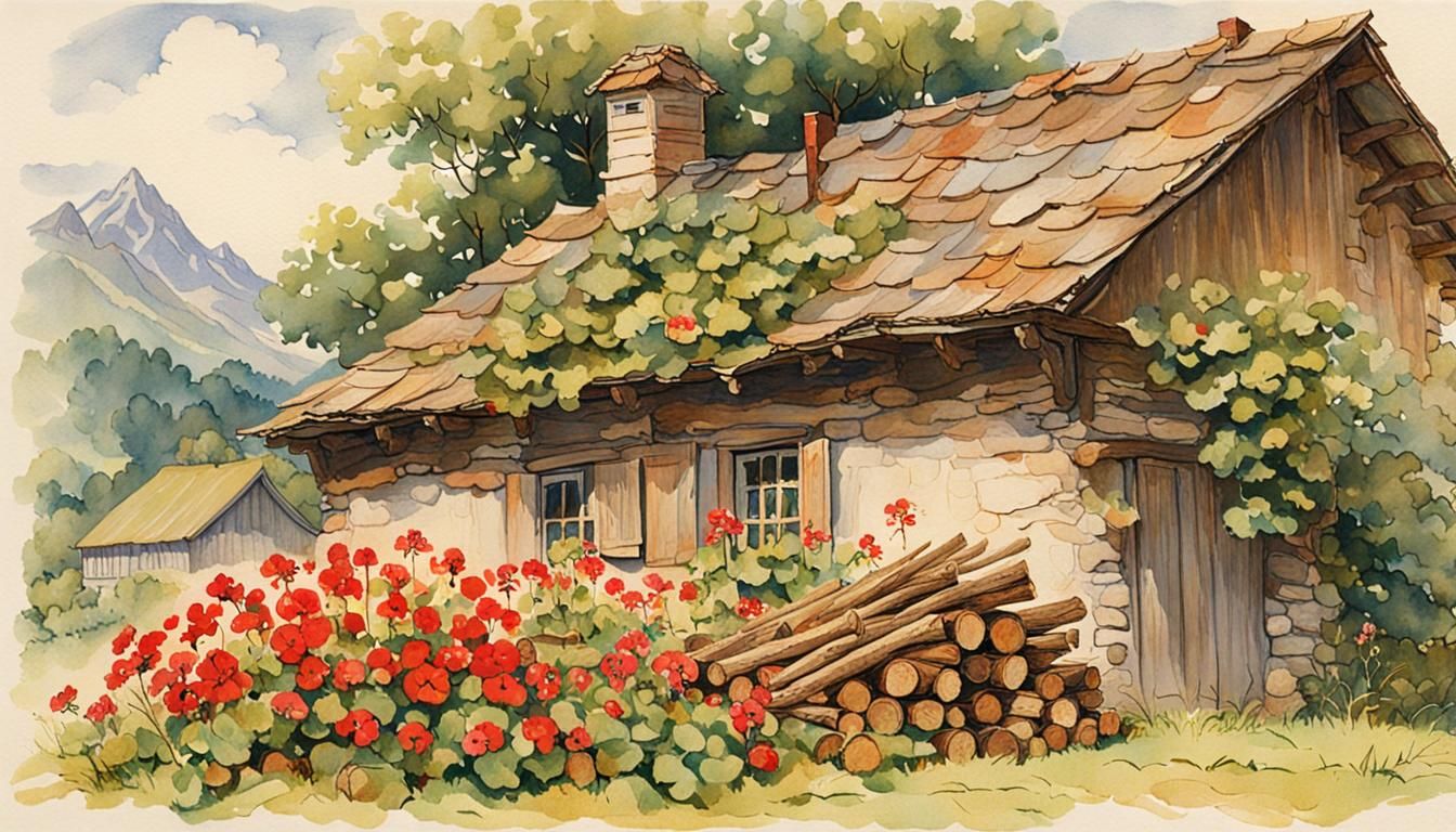 Swiss Farmhouse Woodpile, Illustrated Style