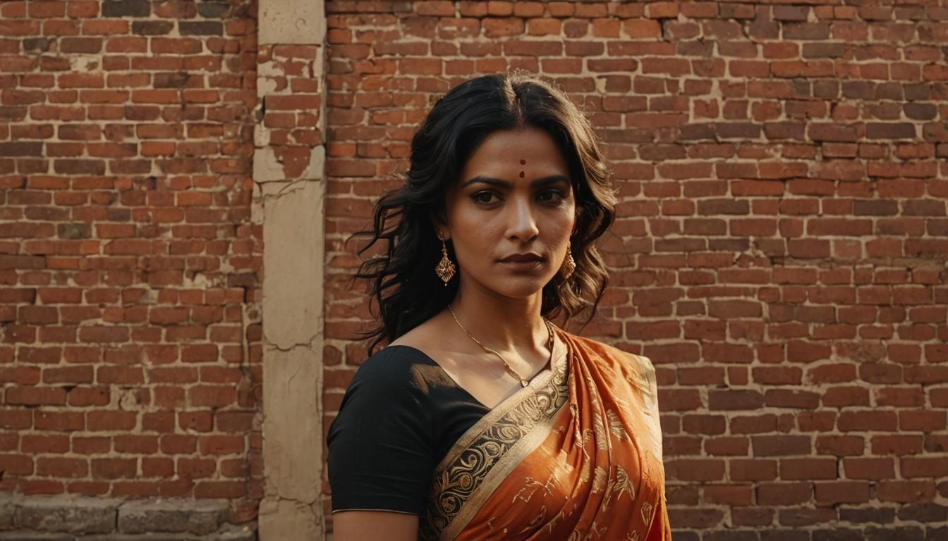 Woman in Sari Against Brick Wall: Cinematic Film Still