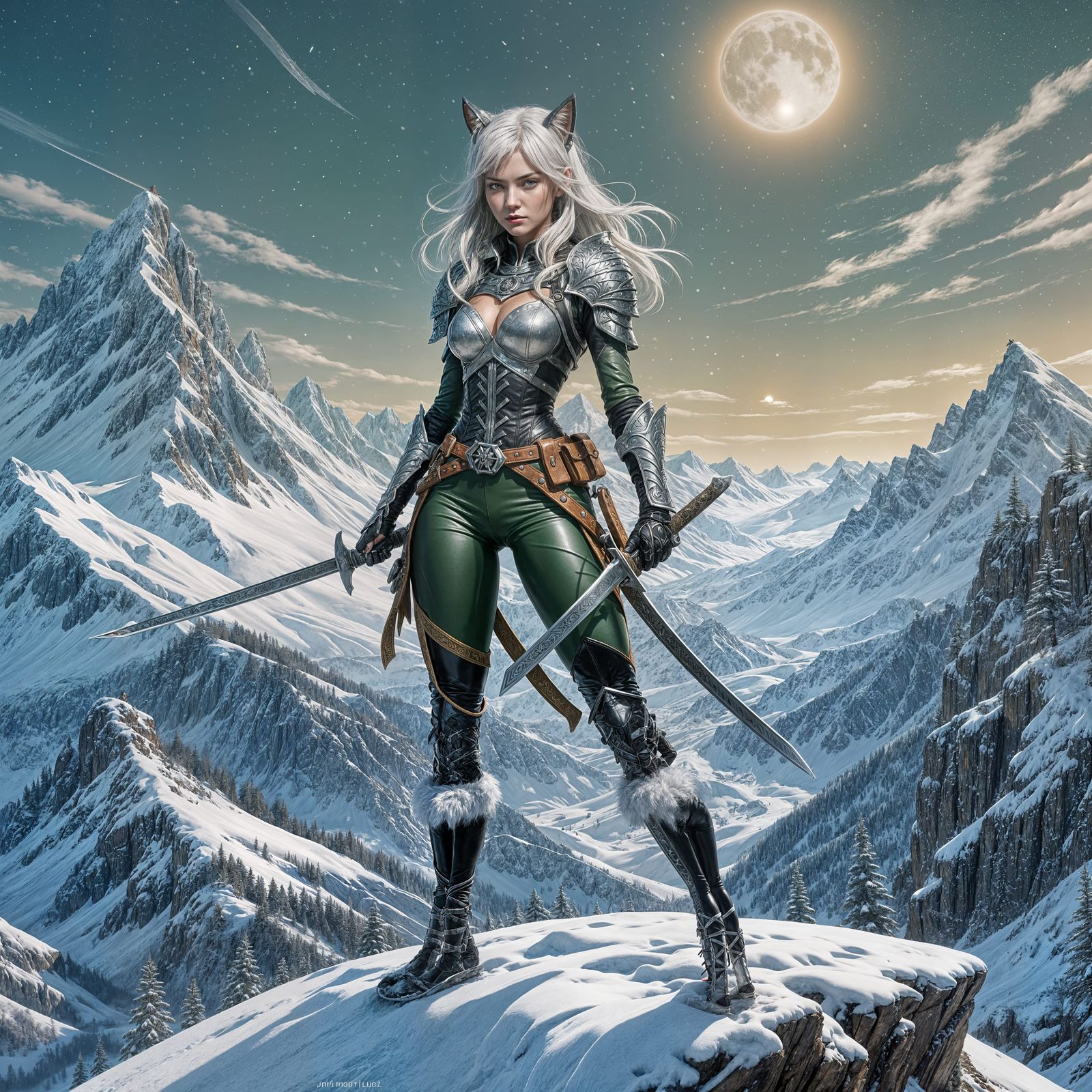 Calico Cat-Girl Warrior on Snowy Peak, Fantasy Art