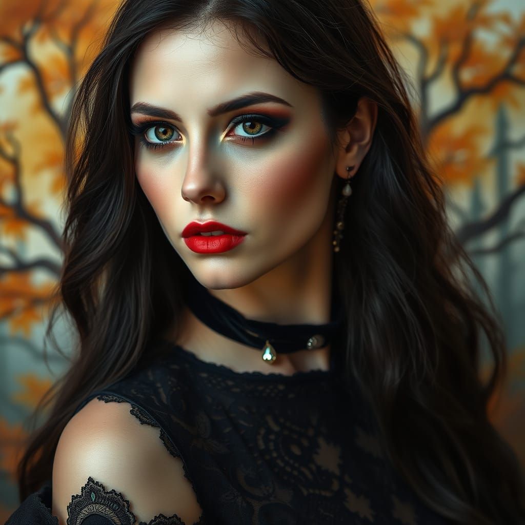Ethereal Woman in Bohemian Style with Smoky Eyes and Red Lip...