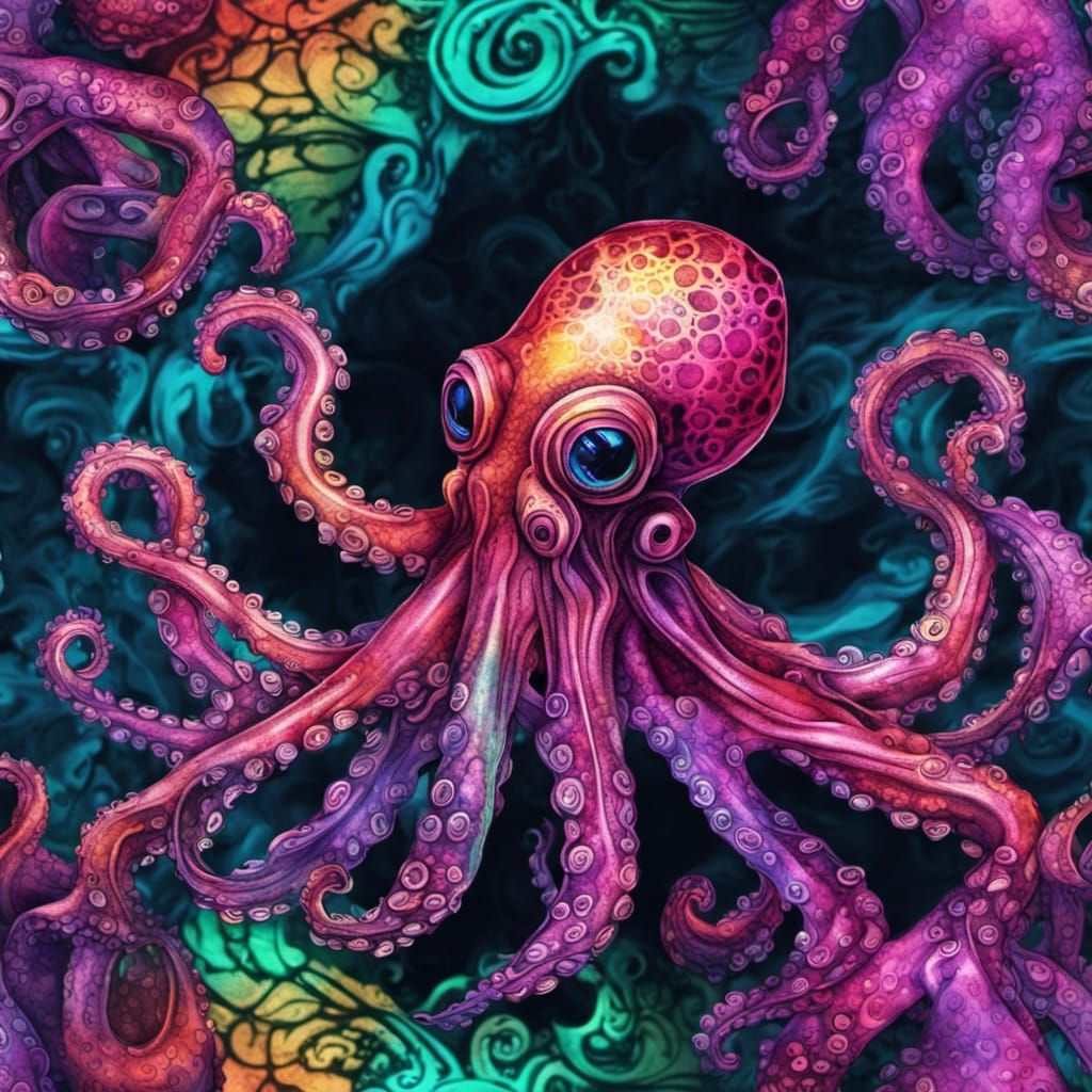Holographic Neon Octopus with Gothic Tattoo Details