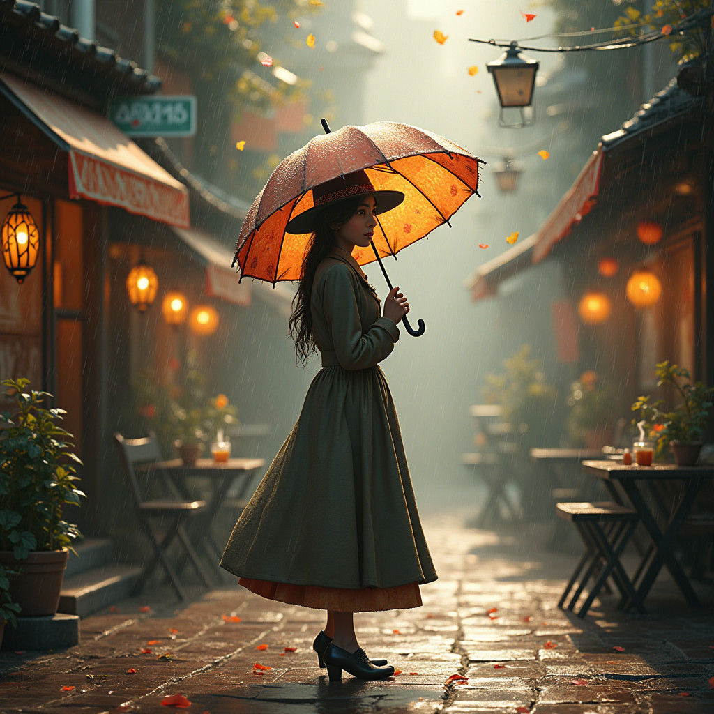 Rainy Cafe Scene in Dreamy Fantasy Art Style