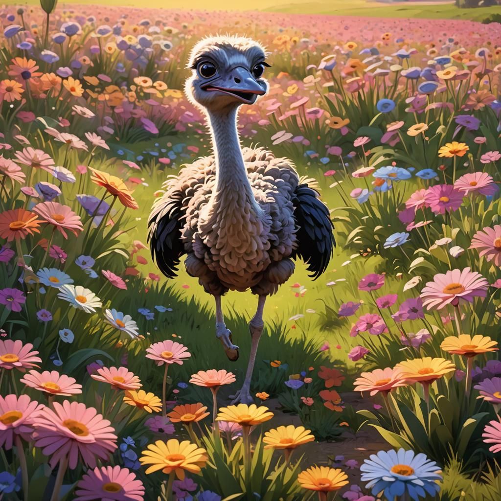 Ostrich Runs Through Flower Field: Pixar Concept Art