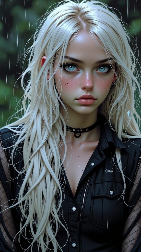 Melancholic Woman Crying in Rain, Expressive Portrait