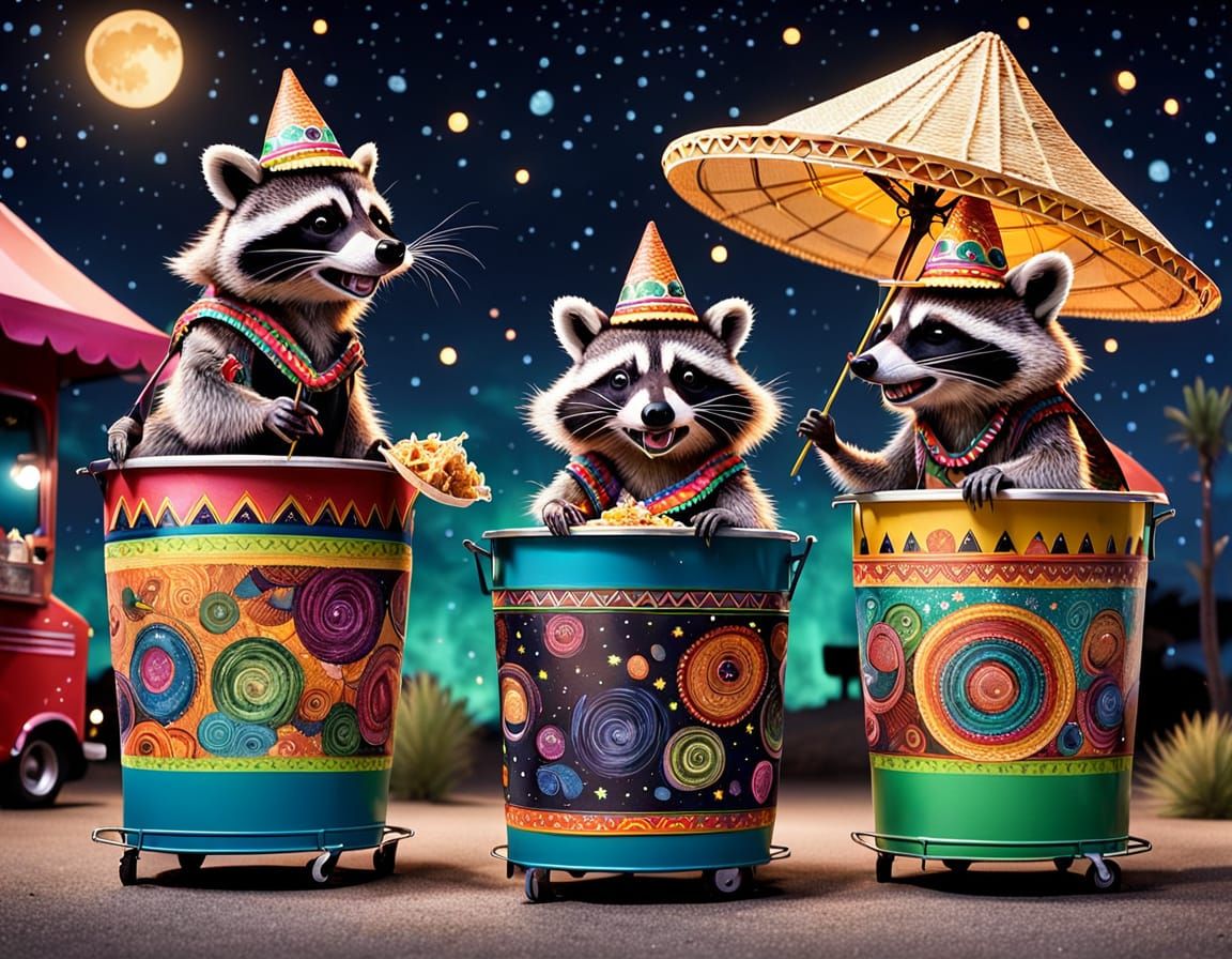 Raccoons Stealing Tacos in Tim Burton Style