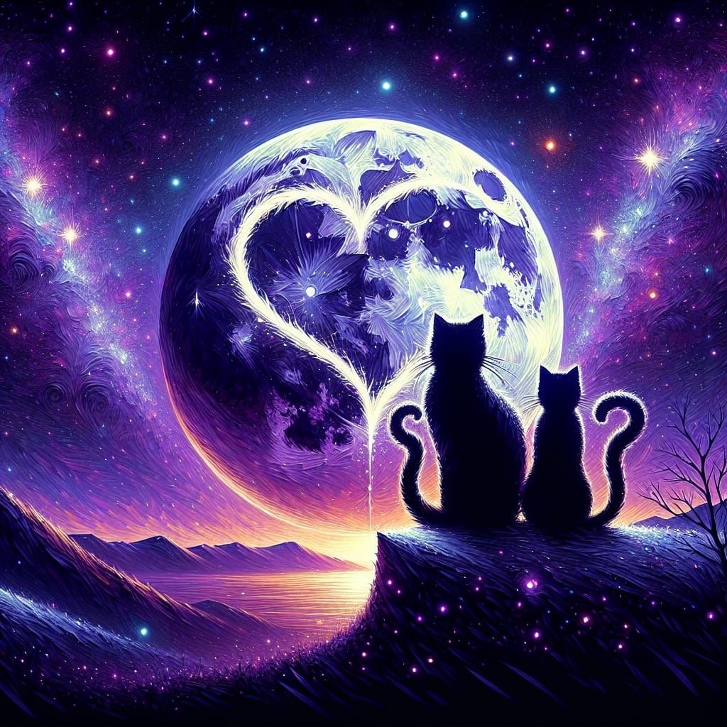 Ethereal Moonlit Felines in Oil