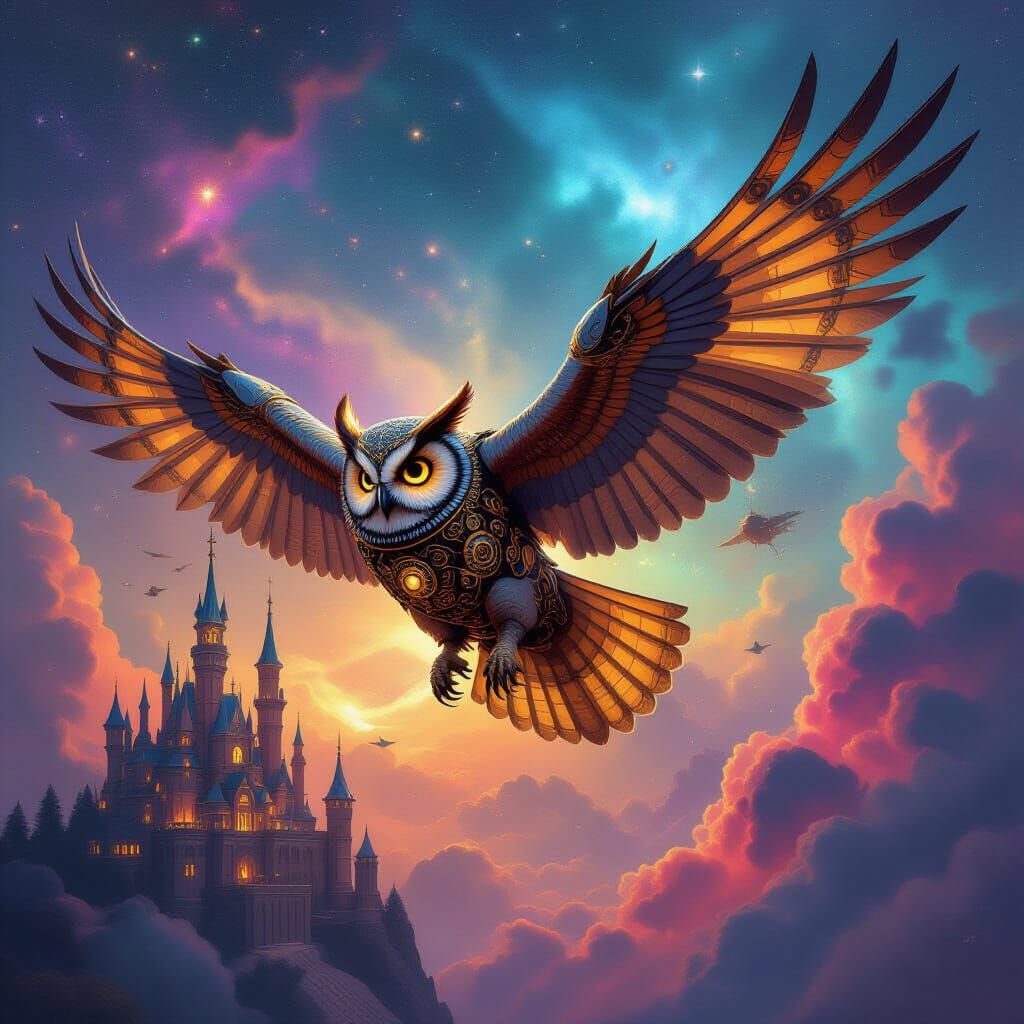 Steampunk Owl Castle Soars Through Nebula as Matte Painting