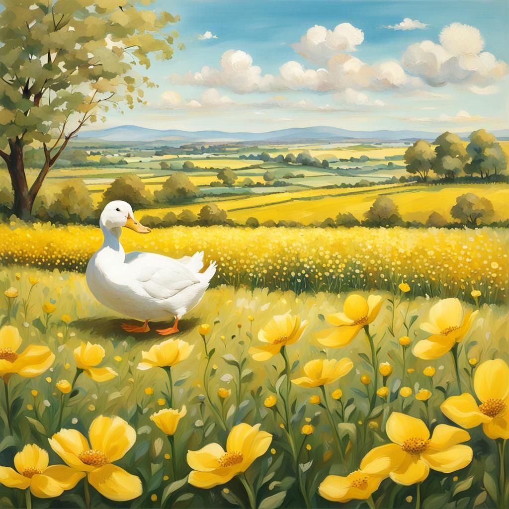 White Duck in Summer Flower Field