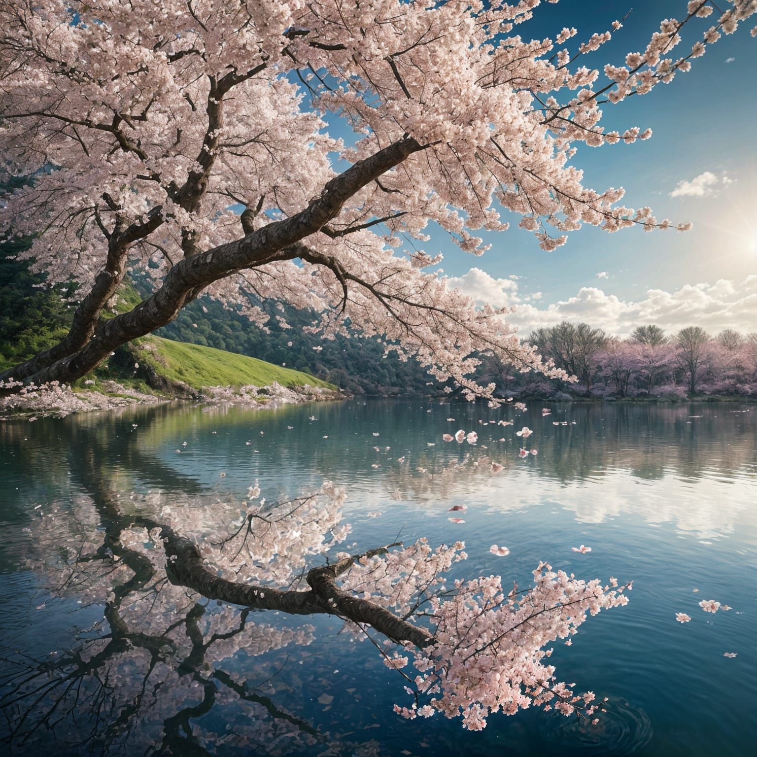 Cherry Blossom Tree Reflected in Lake
