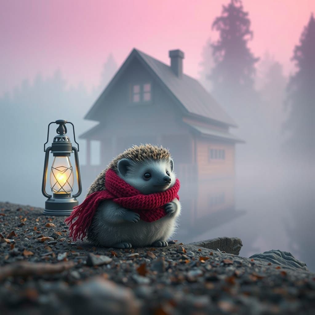Hedgehog in Misty Dawn by Lake with Lantern