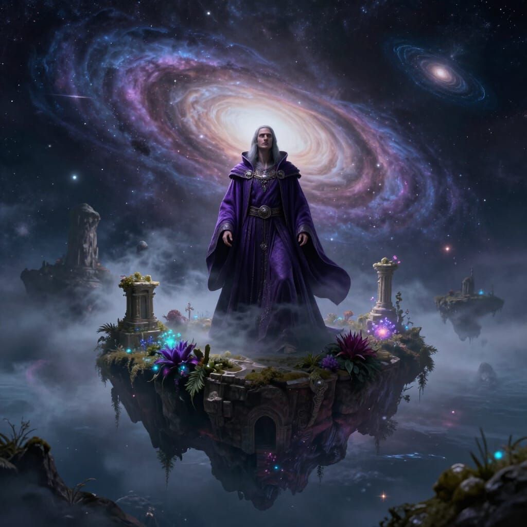 Sorcerer Overlooking Cosmic Ocean in Epic Fantasy Style