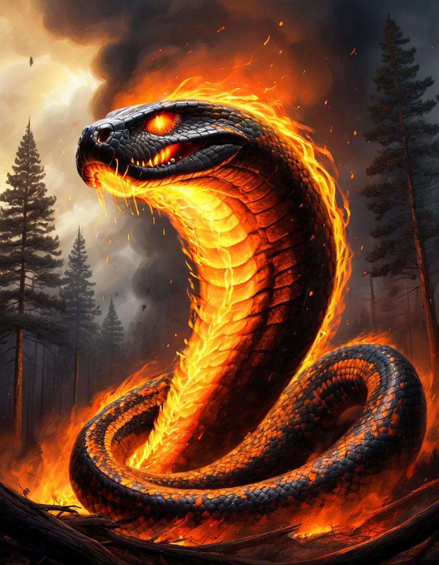 Giant Fire Cobra in Stormy Fantasy Illustration