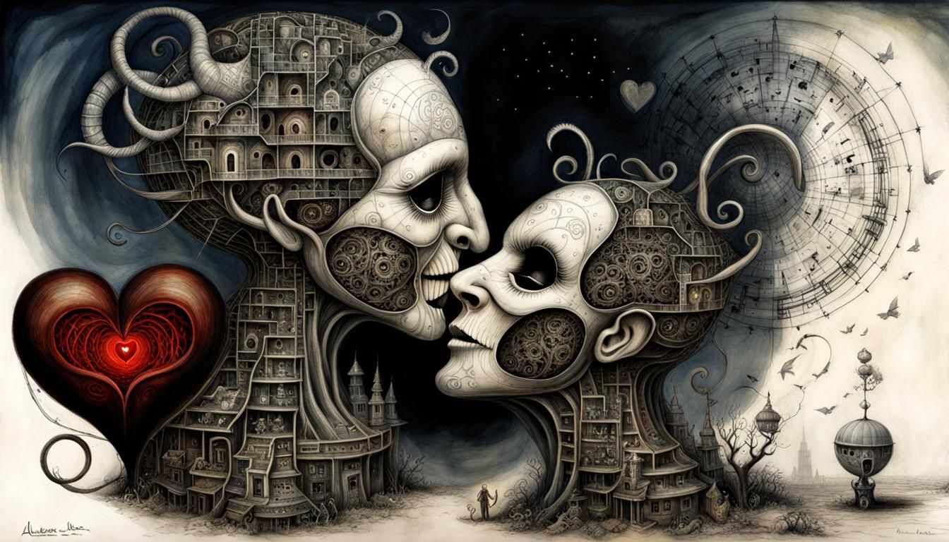 Labyrinth Heart Blueprint Drawing in Storybook Style