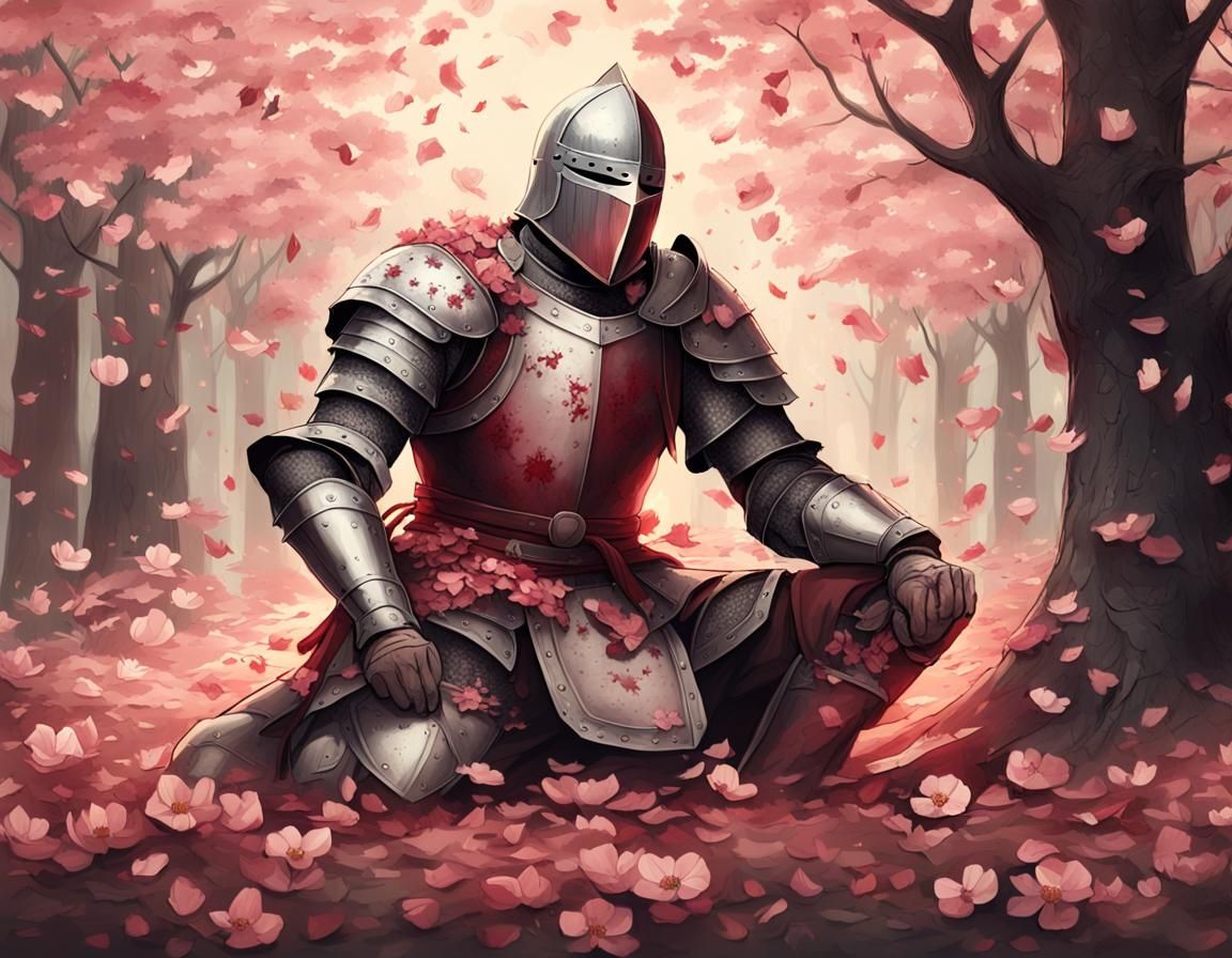 Wounded Knight in Dogwood Grove: Medieval Illustration