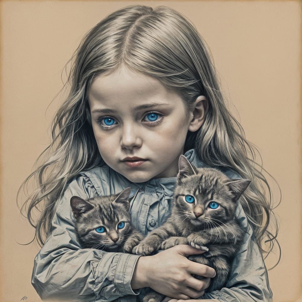 Pencil Sketch of Girl with Kitten, Blue Eyes