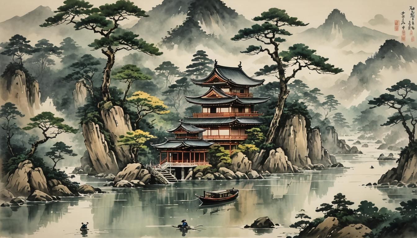 Japanese Temple Landscape in Ink and Watercolor