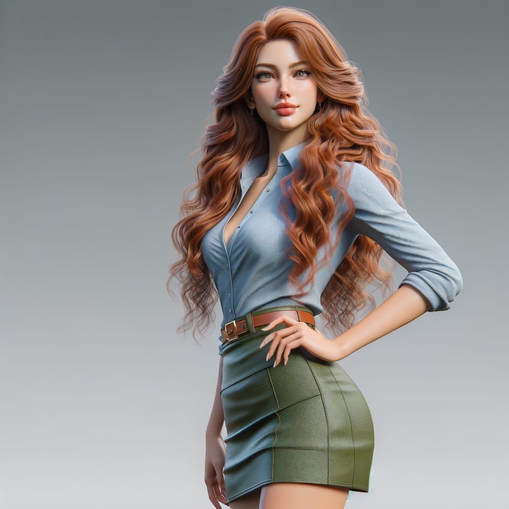 Confident Young Woman in Green Mini Skirt, Realistic Photo
