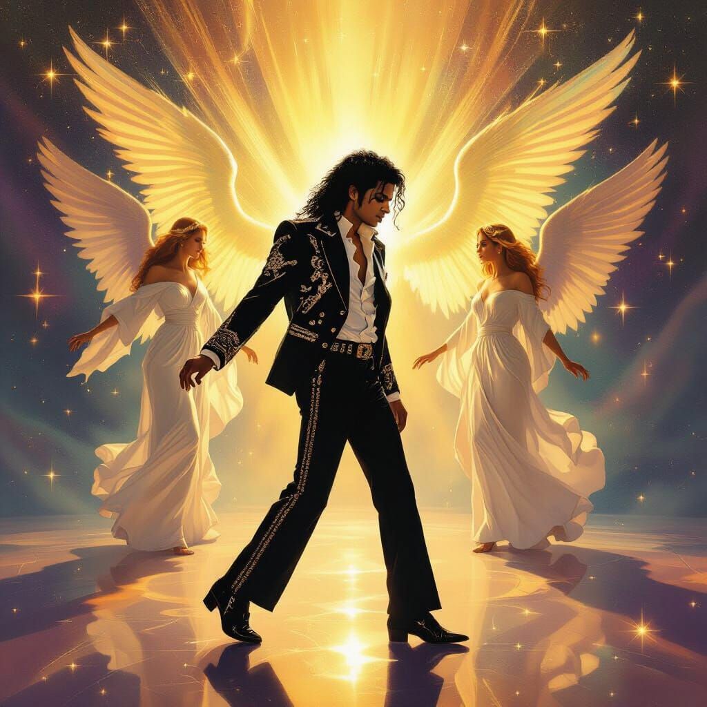 Michael Jackson Moonwalks with Angels in Surreal Dreamscape