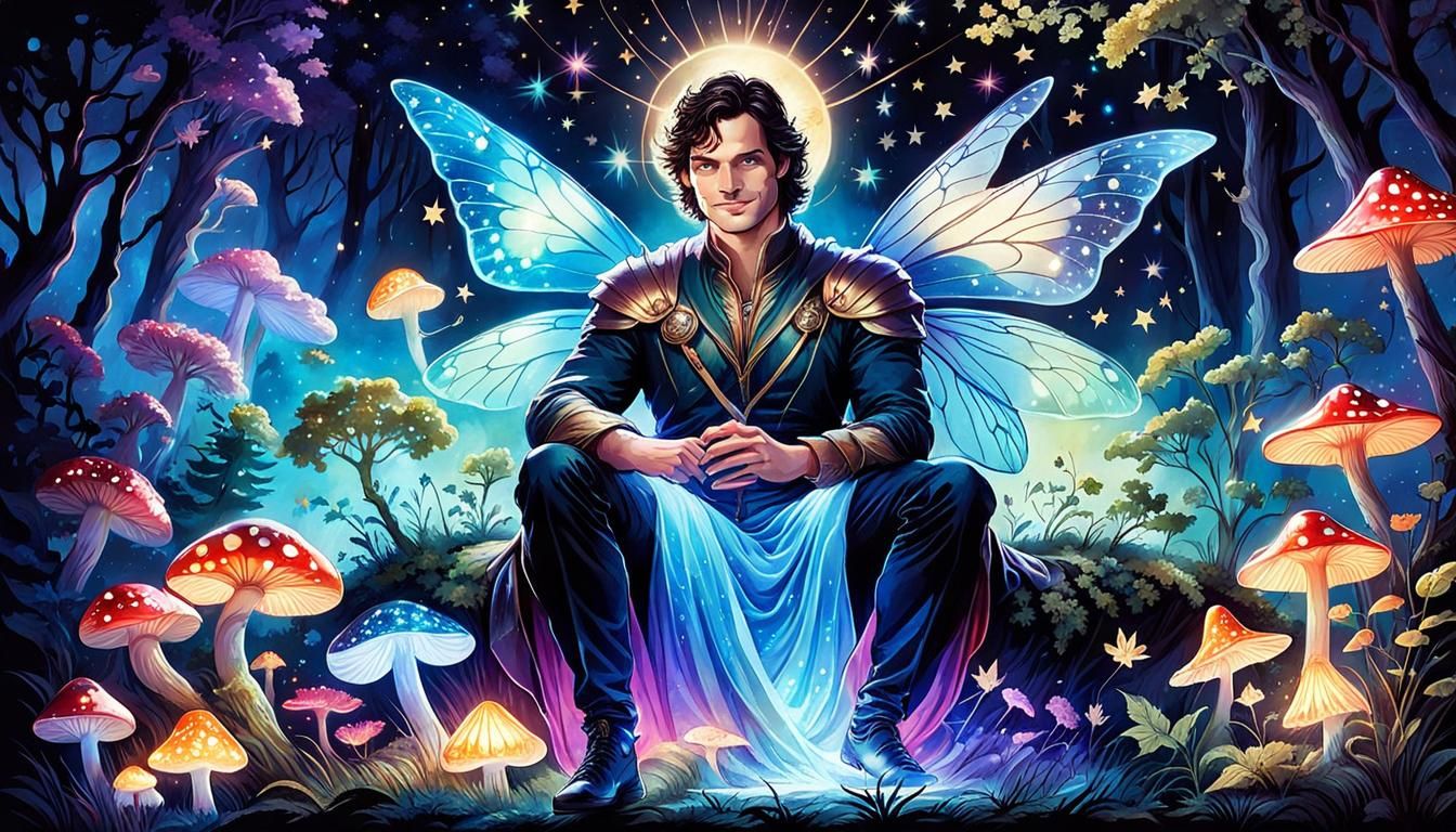 Fairy Prince on Bioluminescent Mushroom, Ethereal Illustrati...