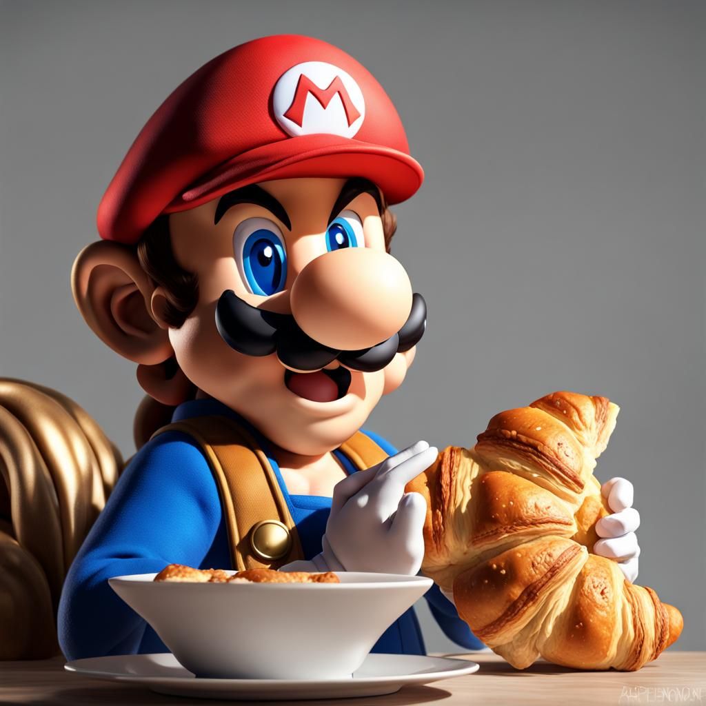 Super Mario Eating Croissant, Detailed Digital Art
