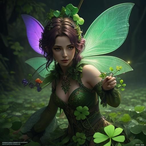 Hyperrealistic Fairy Plucking Clover in Splash Art Style