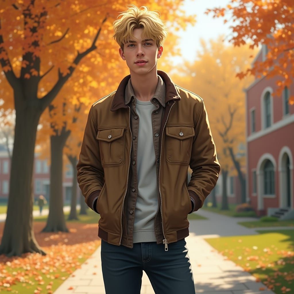 Hyperrealistic Portrait on College Campus in Early Fall