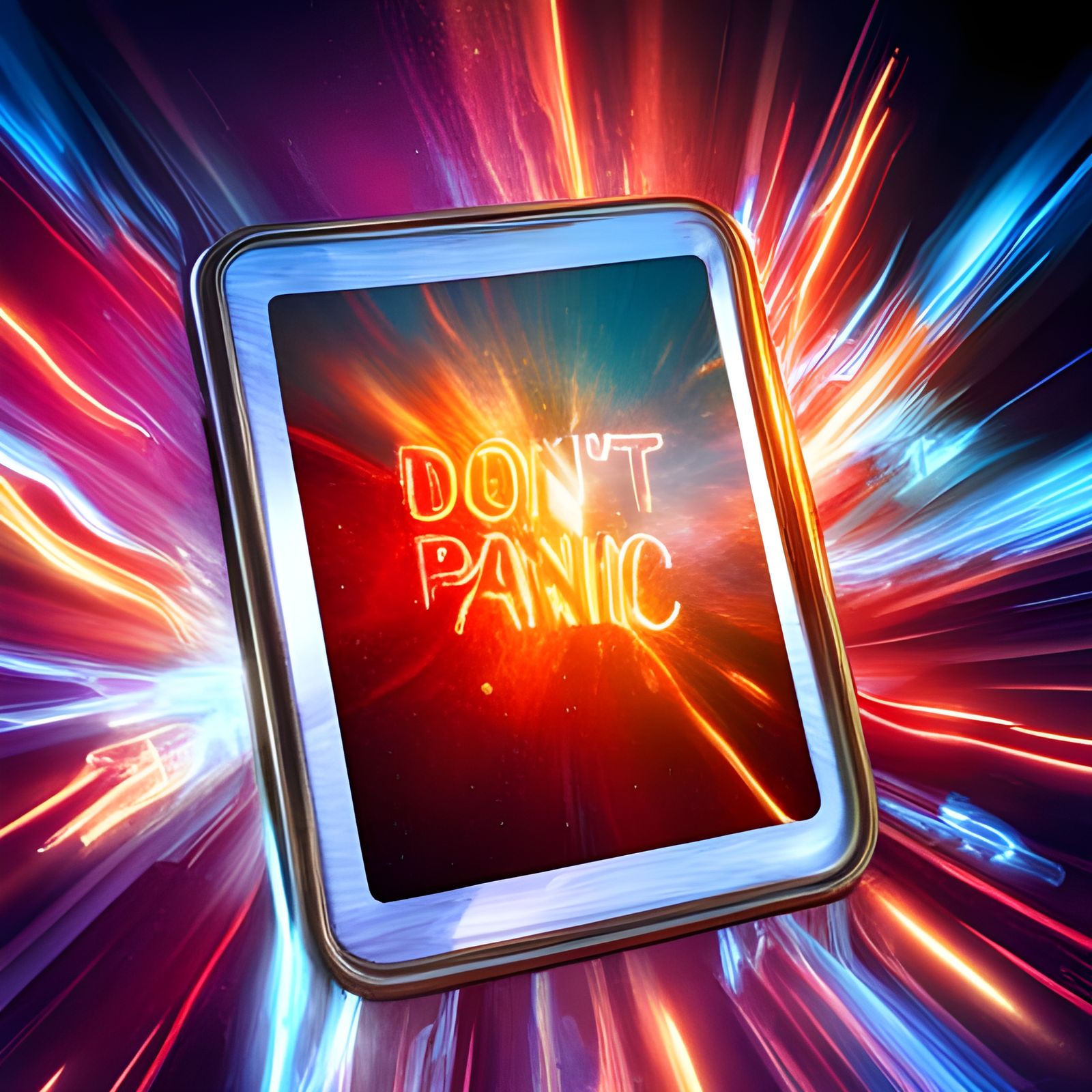 Retro Sci-Fi Tablet Displaying Don't Panic