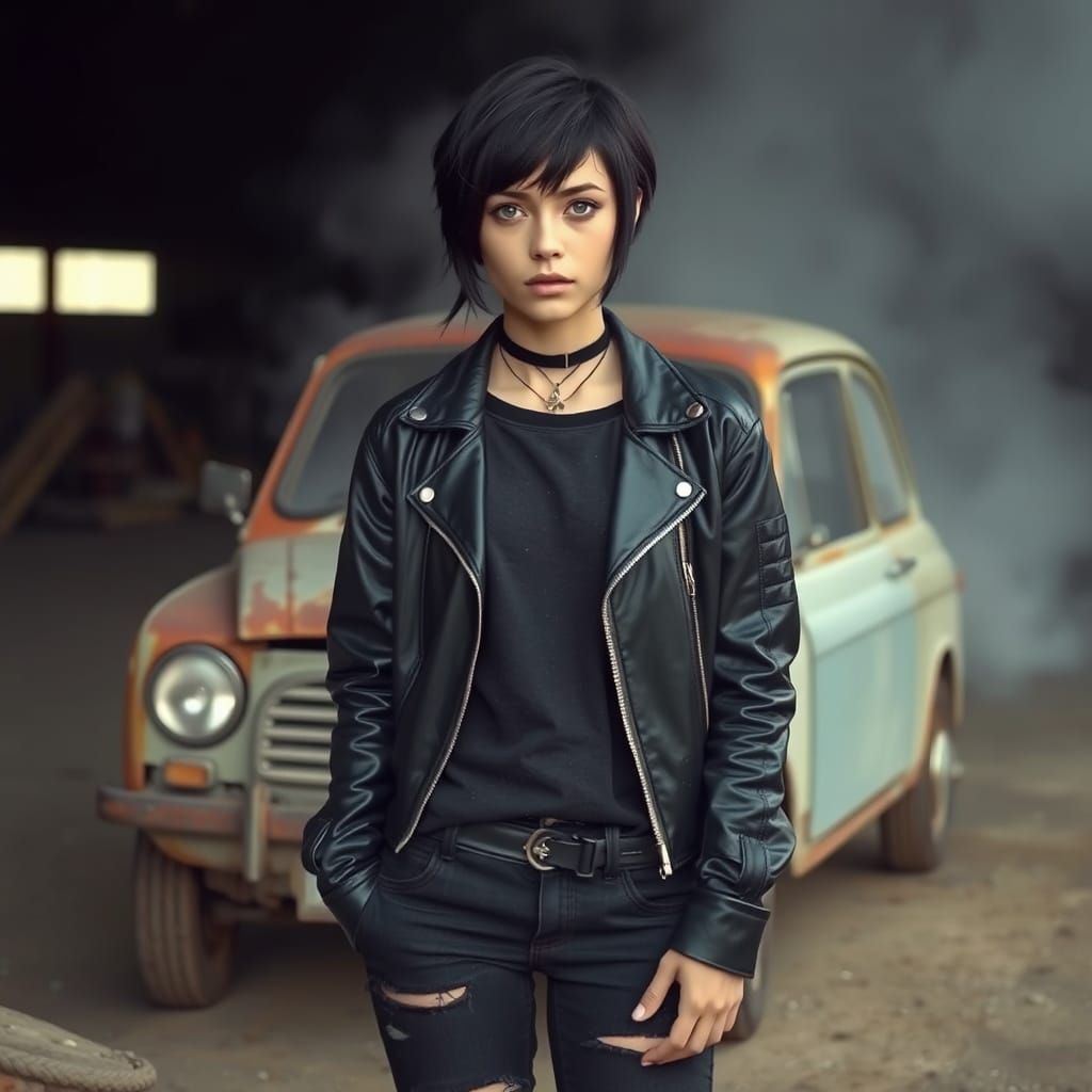 Gritty Industrial Scene with Woman and Car