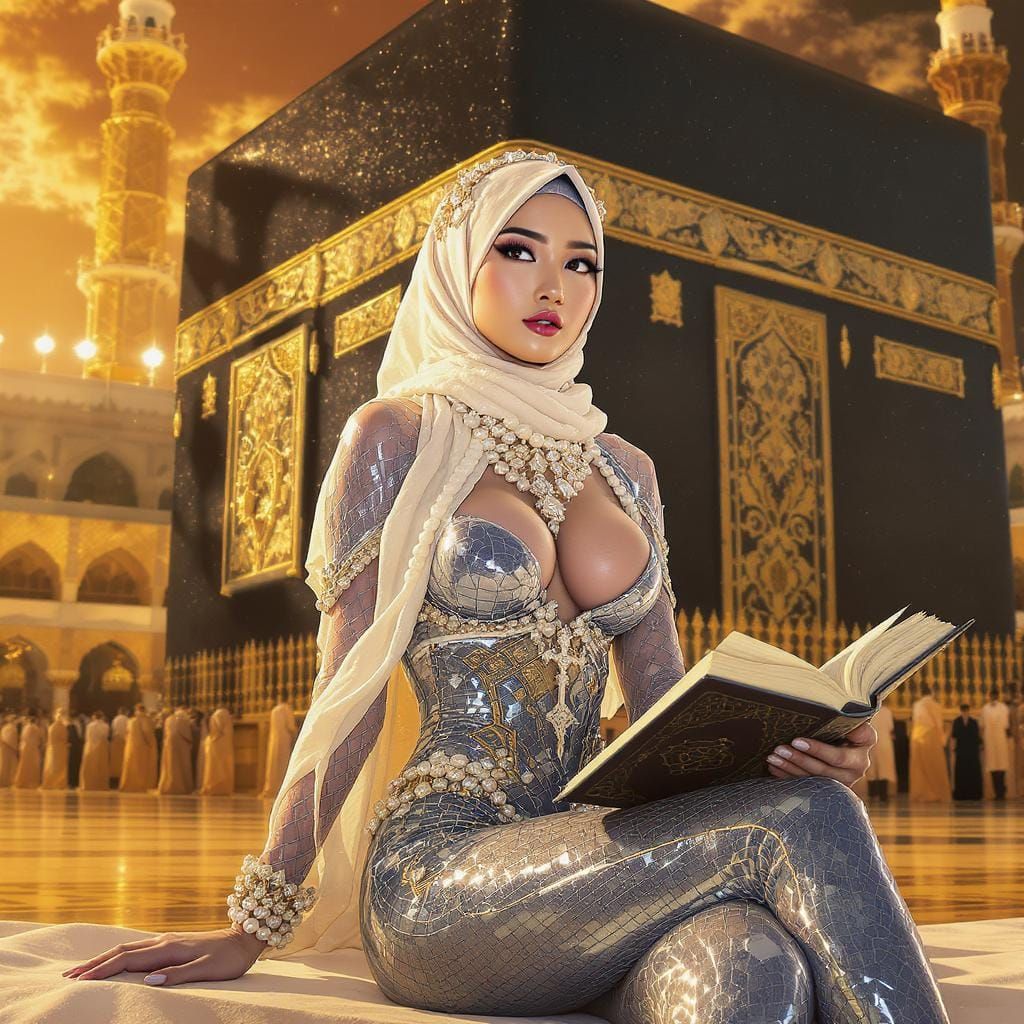 Woman in Hijab with Pearl Jewelry, Murakami Style